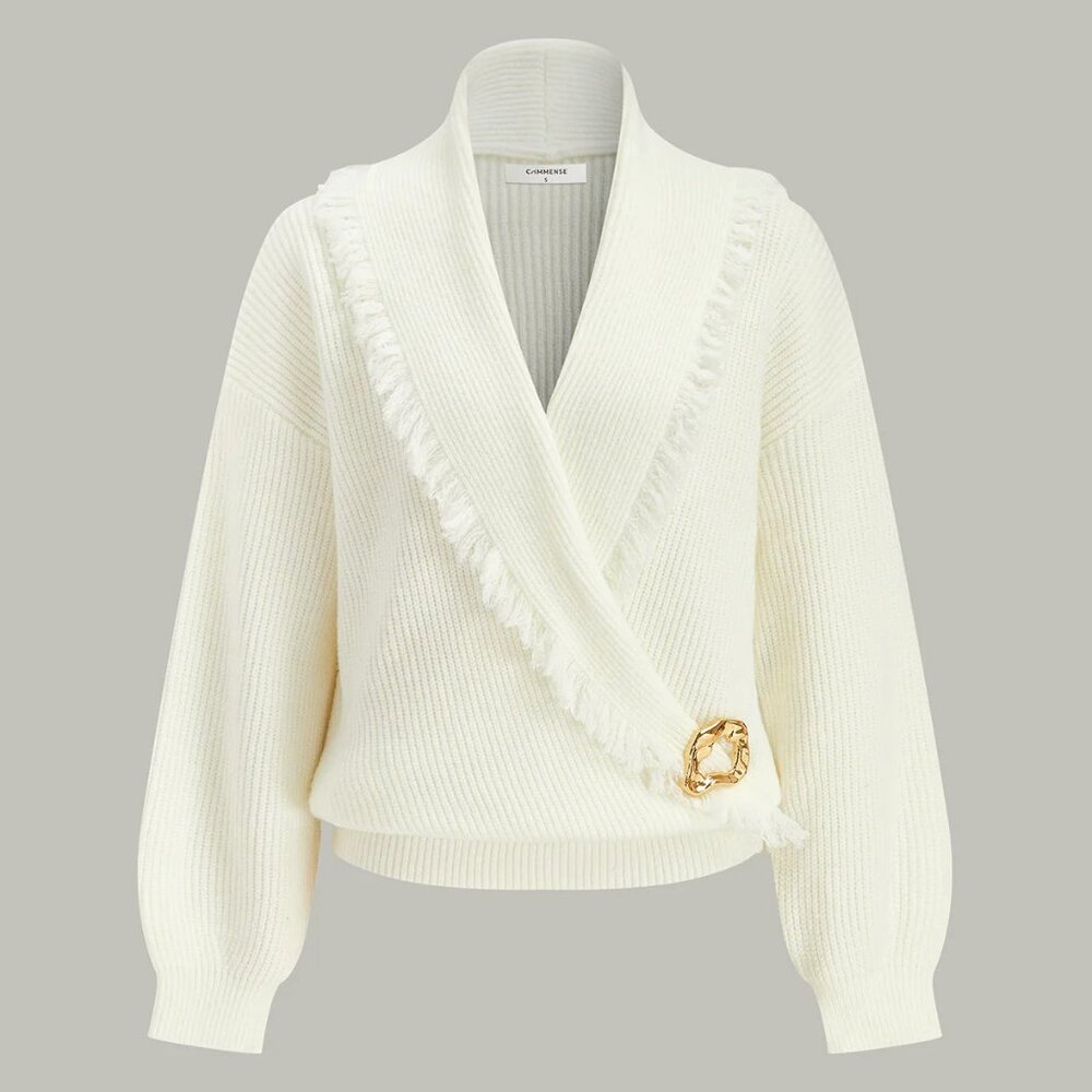Commense Ivory Wrap Cardigan with Decorative Gold Button